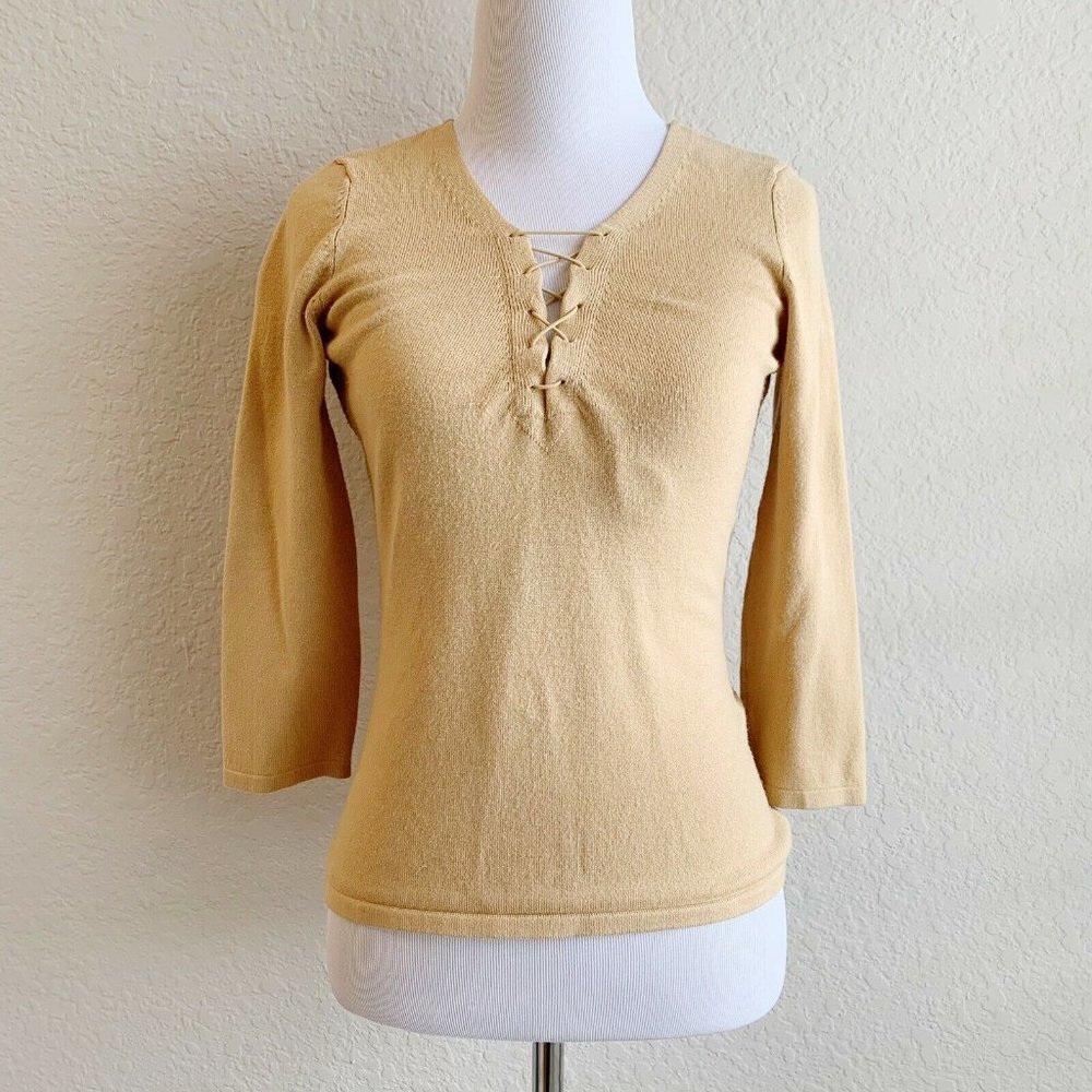 INC tan brown lace-up v-neck 3/4 sleeve sweater